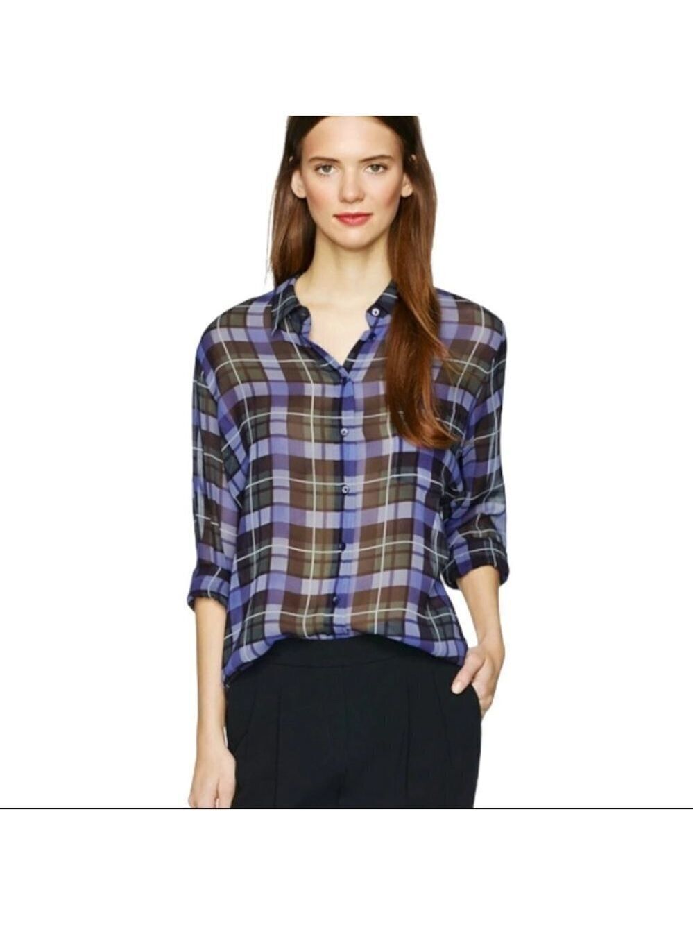 ** BABATON Purple Plaid Button Down Silk Semi Sheer Blouse Size XXS